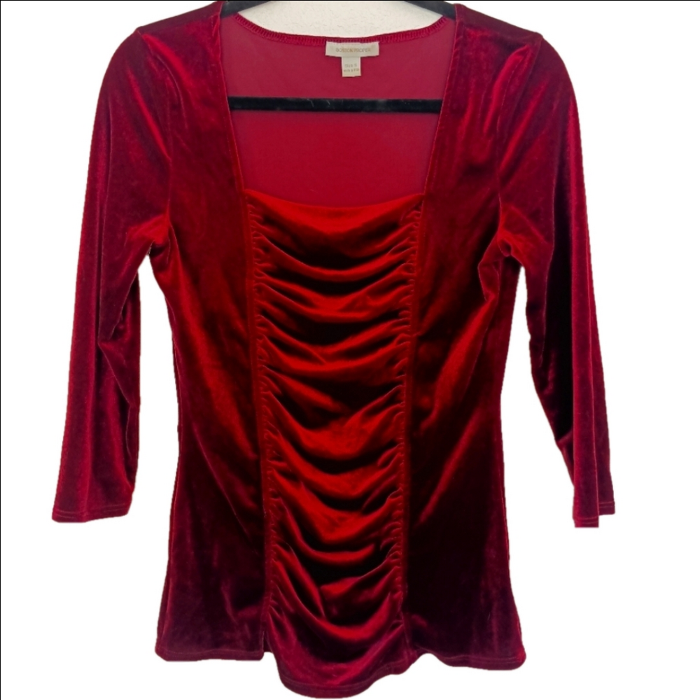 Boston Proper Top Women's Size S Ruche Velvet‎ Square Neck Wine PO#850616
